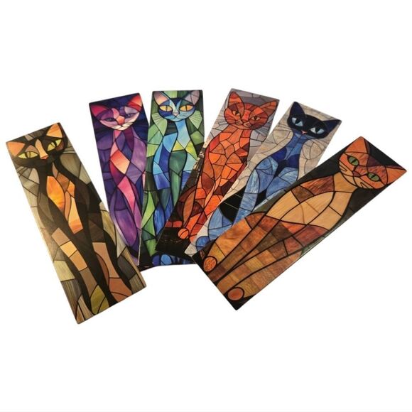 6pcs Stained Glass Black Cat Bookmarks Book Marker Clips Reading Sphynx Colorful - Picture 1 of 3